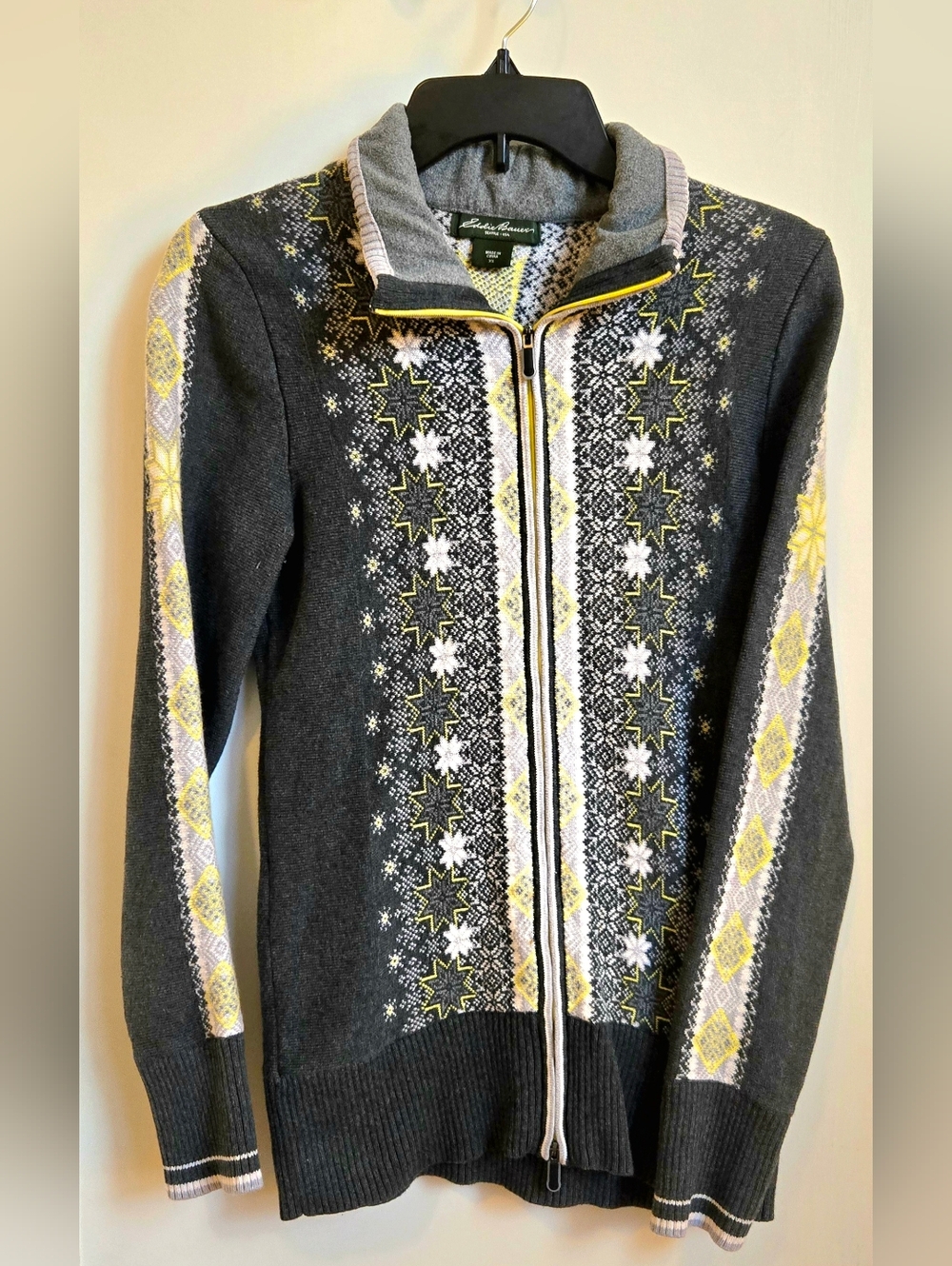 Eddie Bauer Charcoal Zip-Front Nordic Cardigan - Yellow & White Accents